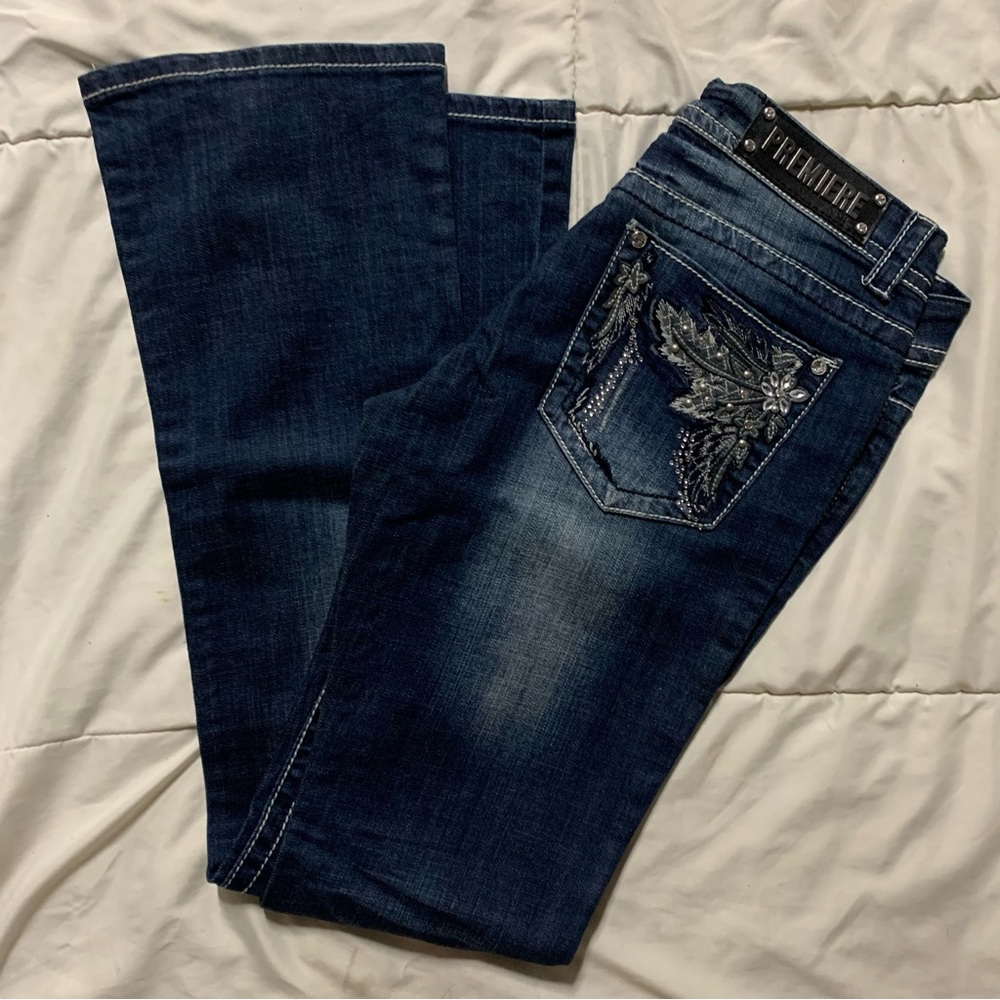 Premiere denim by Rue21 Y2K flare Bejeweled embellished Jeans contrast stitching
